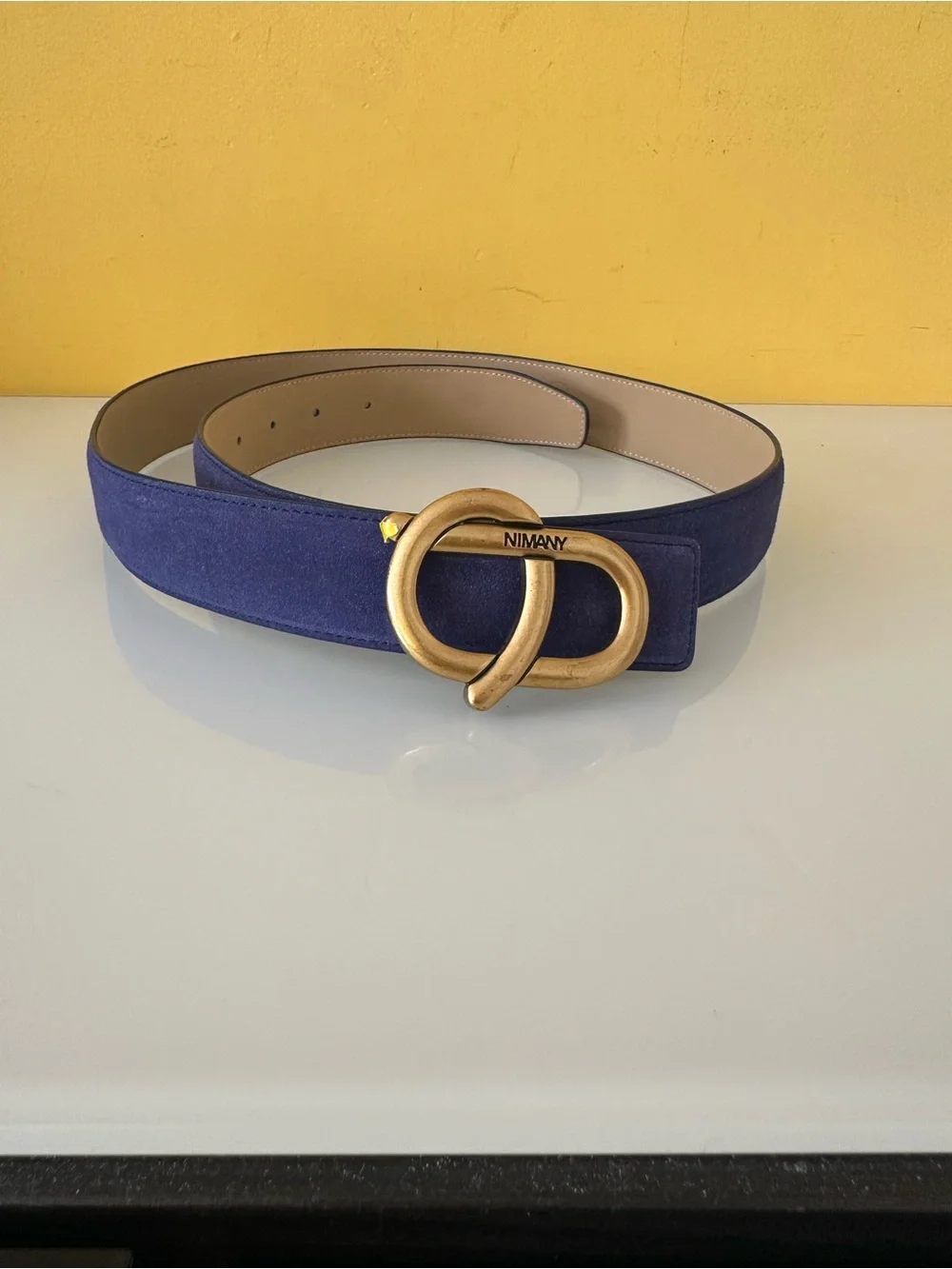 Nimany Bespoke Art Luna Blue Suede Belt with Vintage Gold Tone Buckle Size M